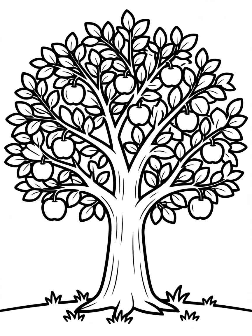 A happy tree with leaves and apples.