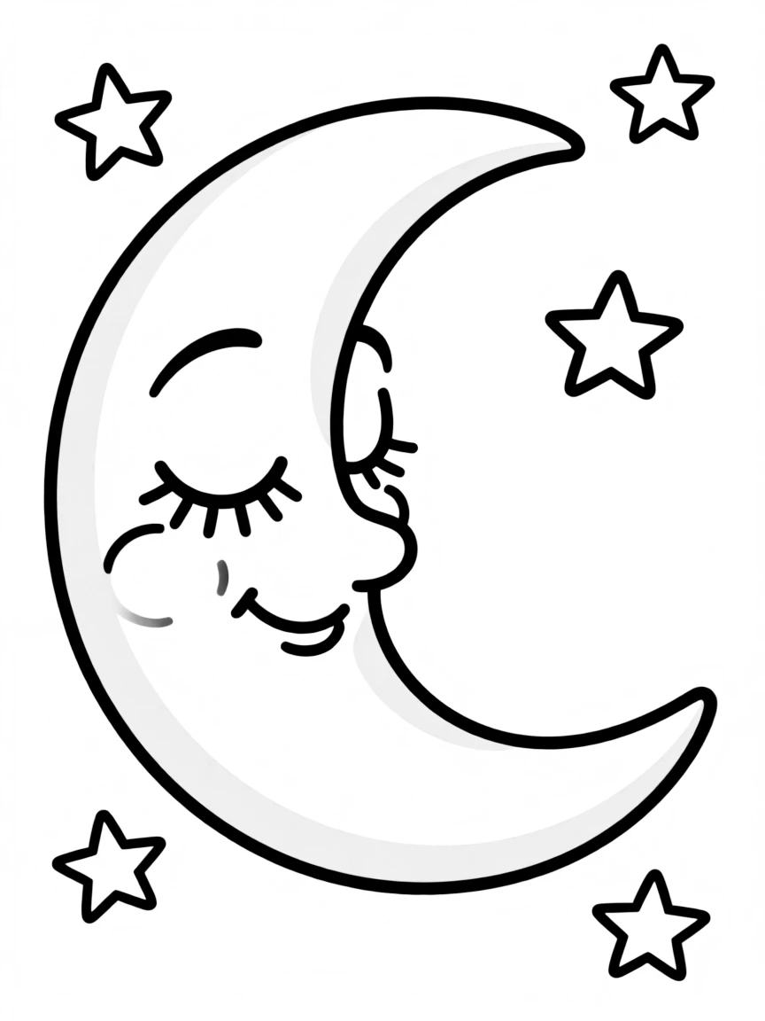 A happy crescent moon with a sleepy face.