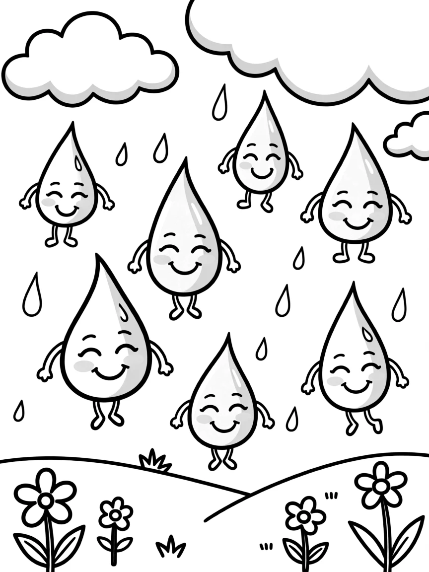 Happy raindrops falling gently.