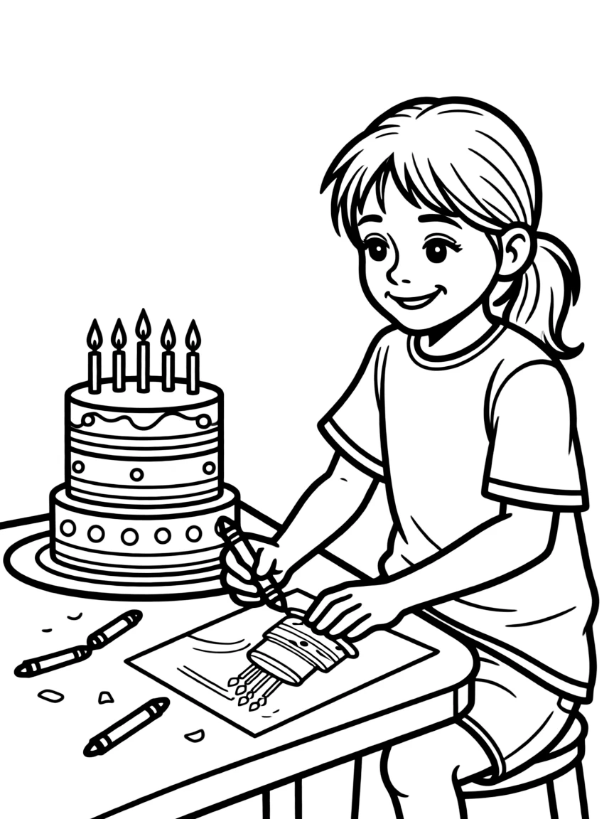 A child drawing a birthday cake.
