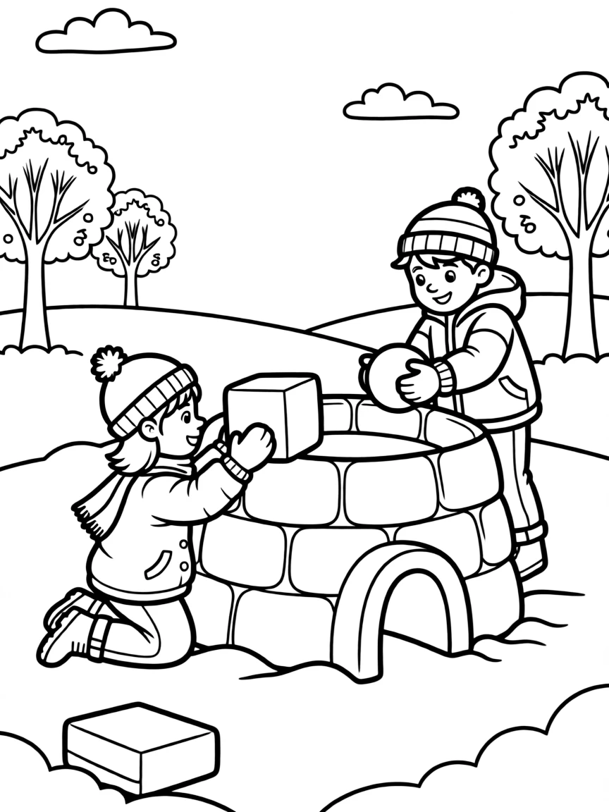 Two children building a snow fort.