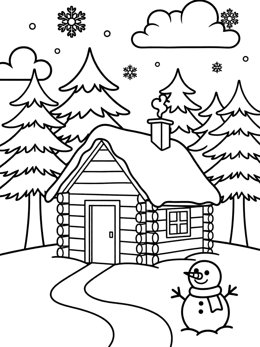 A cozy cabin in the woods covered in snow.