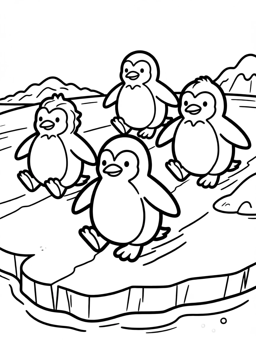 A group of penguins sliding on ice.
