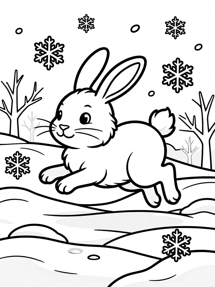 A fluffy white bunny hopping in the snow.