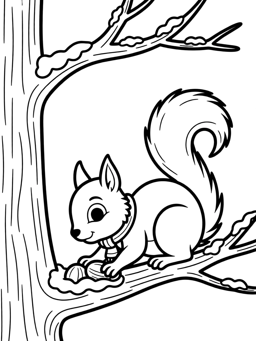 A squirrel burying nuts in a snowy tree.