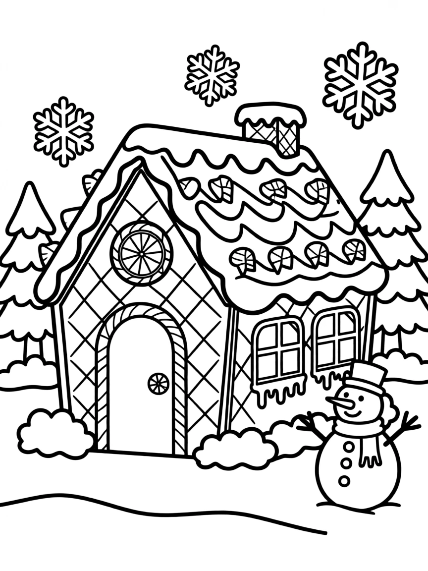 A gingerbread house decorated for winter.