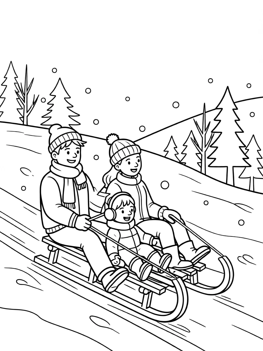A family sledding down a snowy hill.