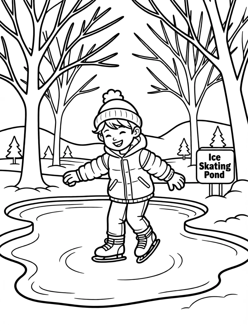 A child ice skating on a frozen pond.