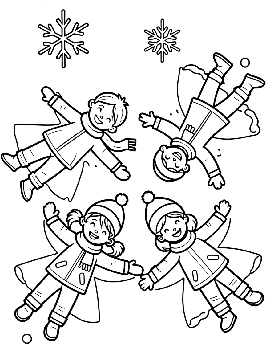 A group of children making snow angels.