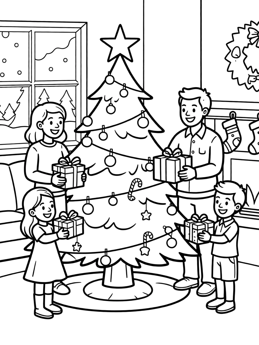A family gathered around a Christmas tree.