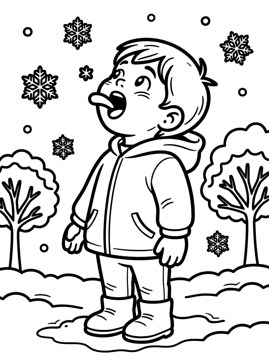 A child catching snowflakes on their tongue.
