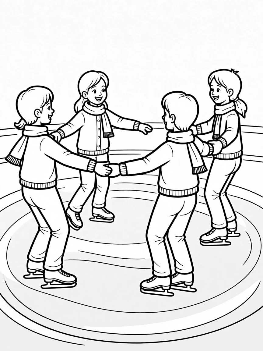 A group of ice skaters holding hands.