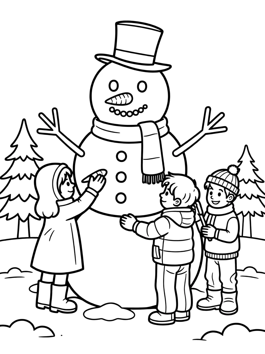 A group of children building a giant snowman.