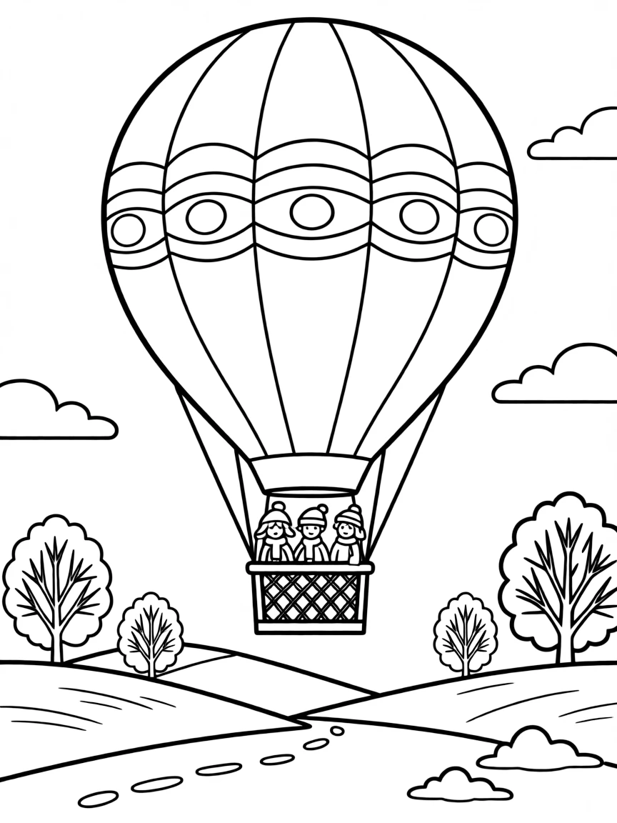 A hot air balloon flying over a snowy landscape.