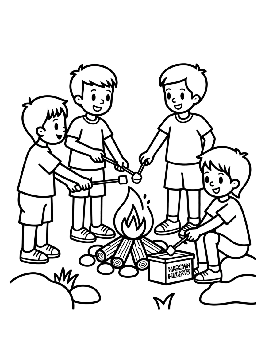 A group of children roasting marshmallows over a fire.