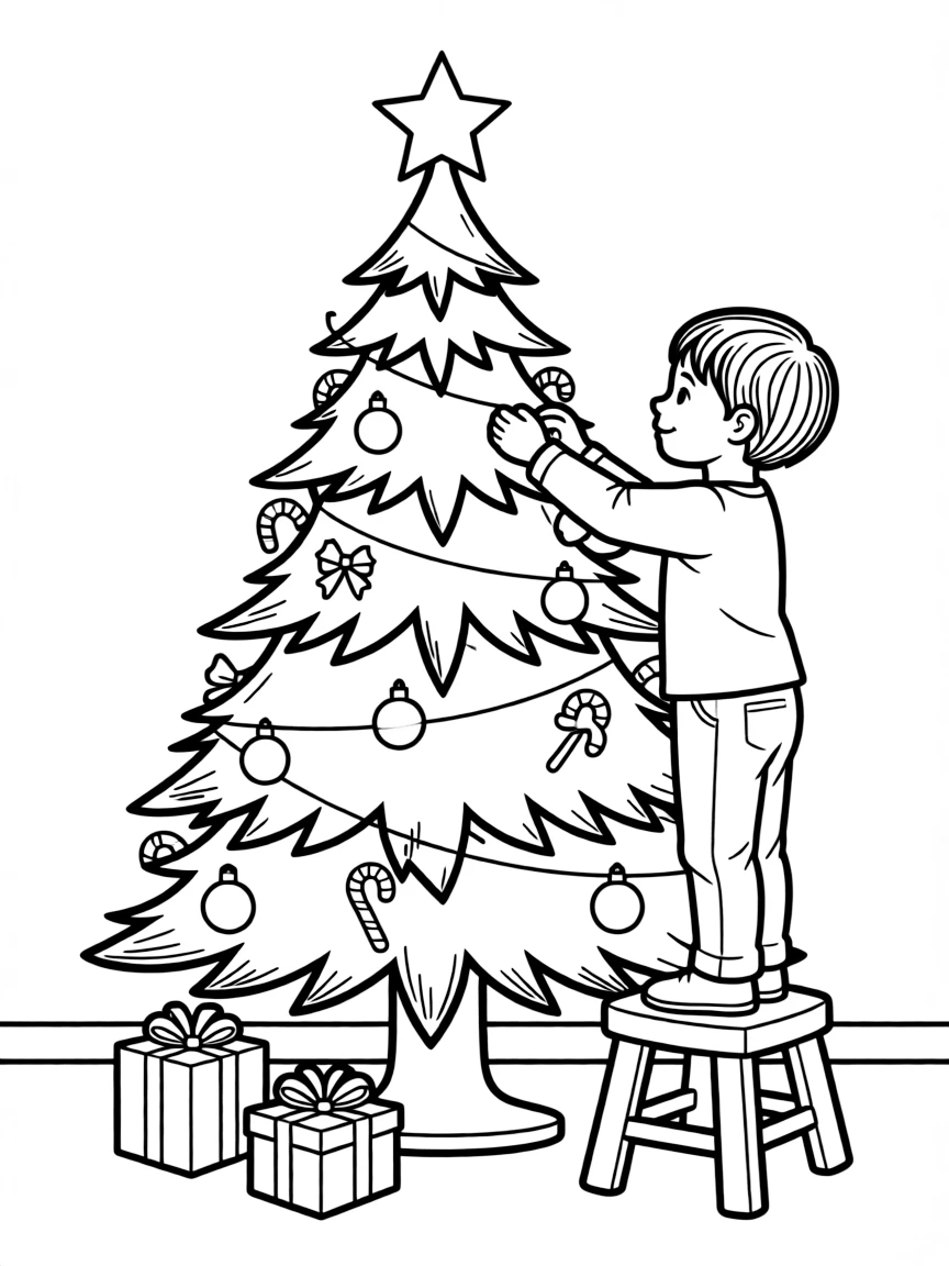 A child decorating a Christmas tree.