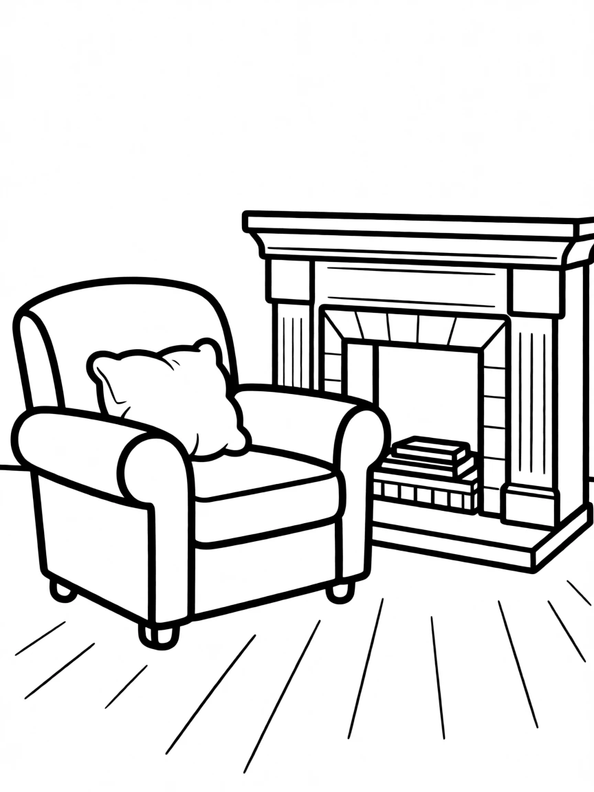 A cozy armchair by the fireplace.
