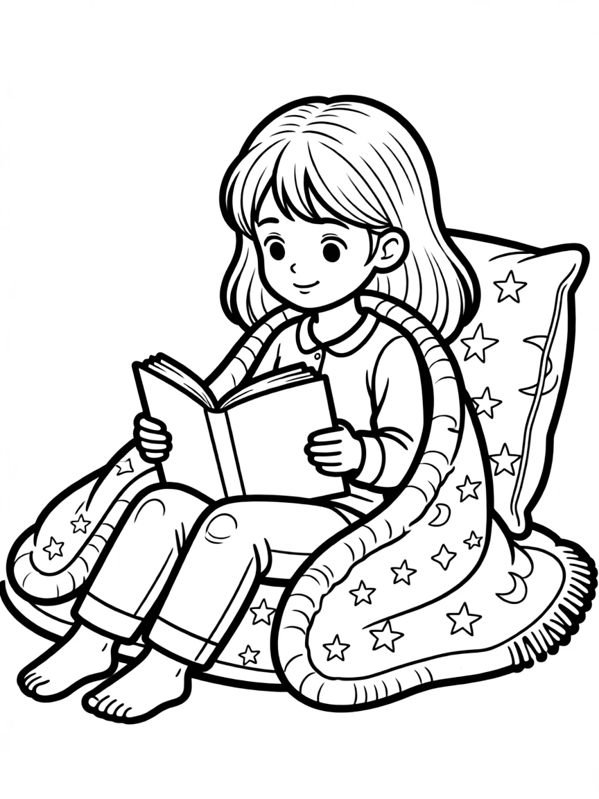 A child reading a book under a warm blanket.