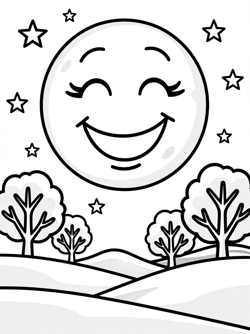 A smiling moon over a snowy night.
