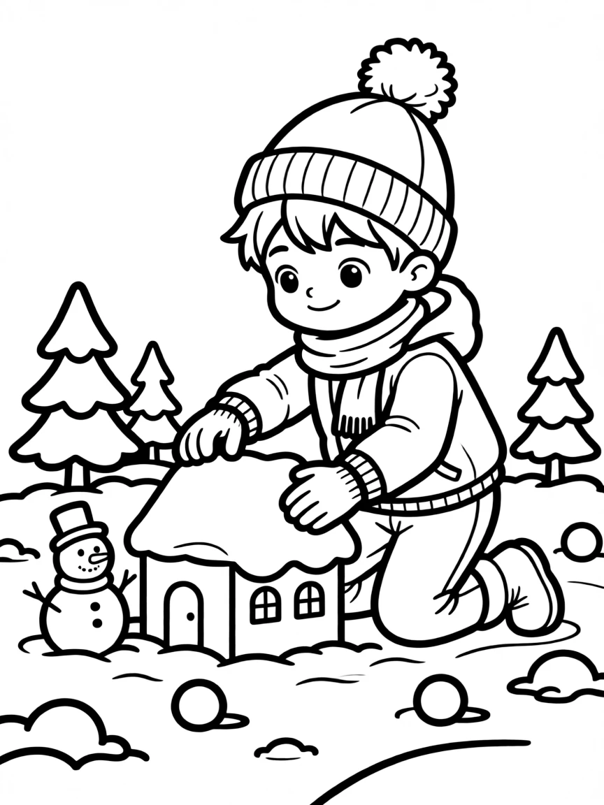 A child building a miniature snow village.