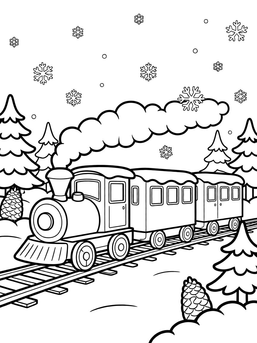 A winter train chugging through the snow.