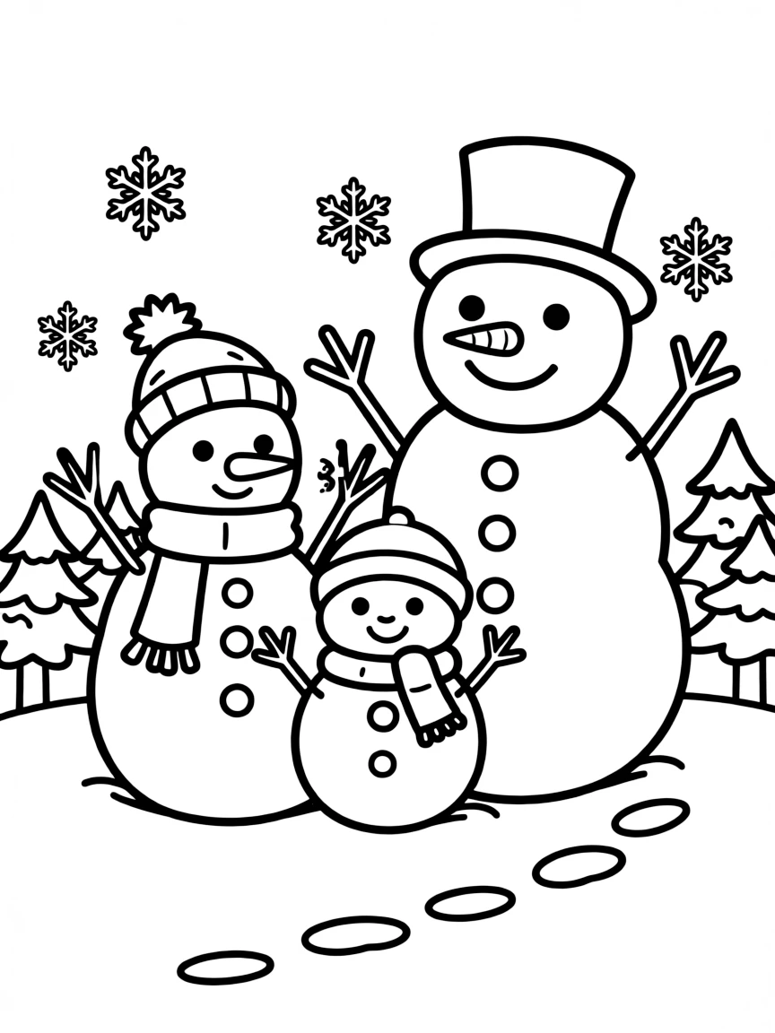 A cheerful snowman family.