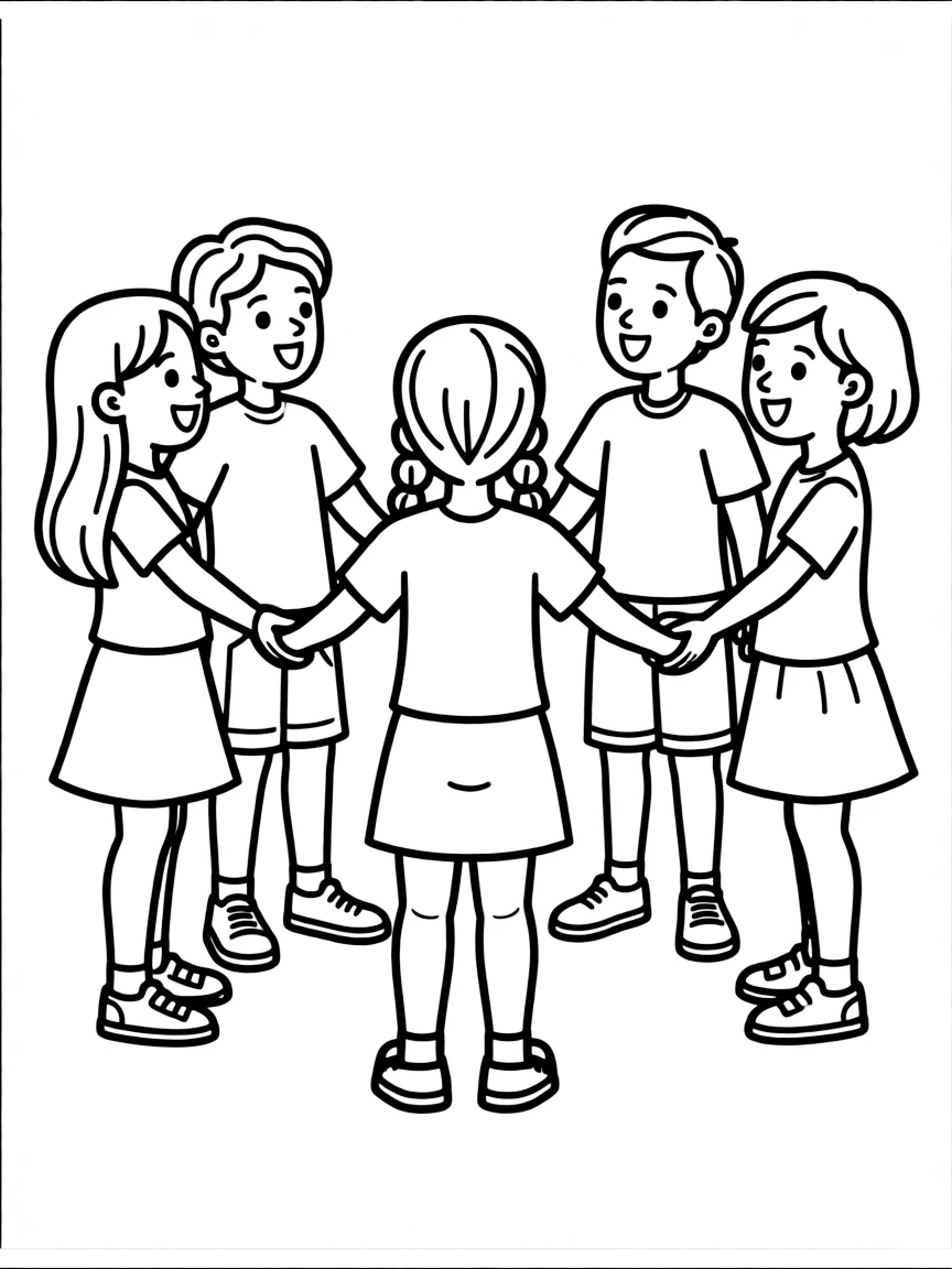 A group of children holding hands and singing.