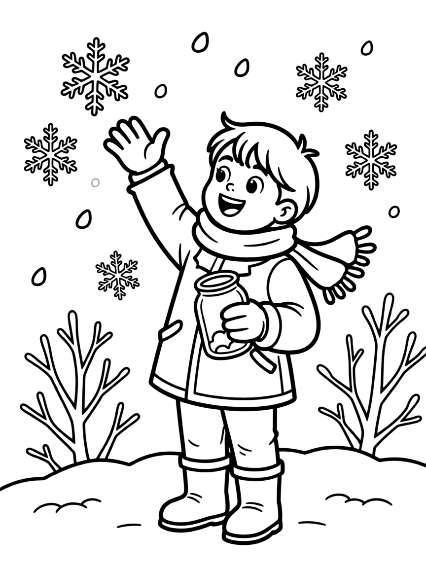 A child trying to catch snowflakes in a jar.
