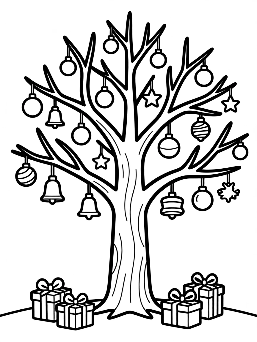 A winter tree with colorful ornaments.