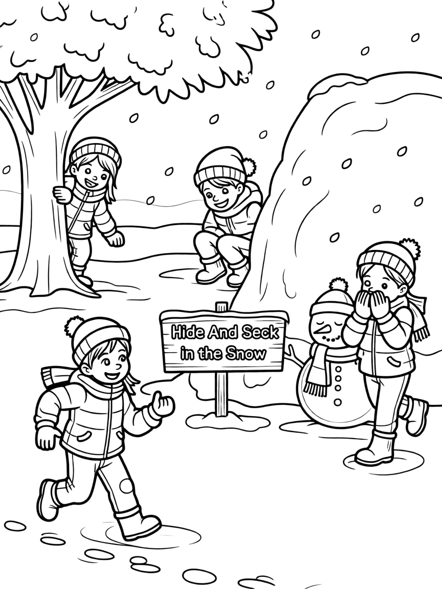 A group of children playing hide-and-seek in the snow.