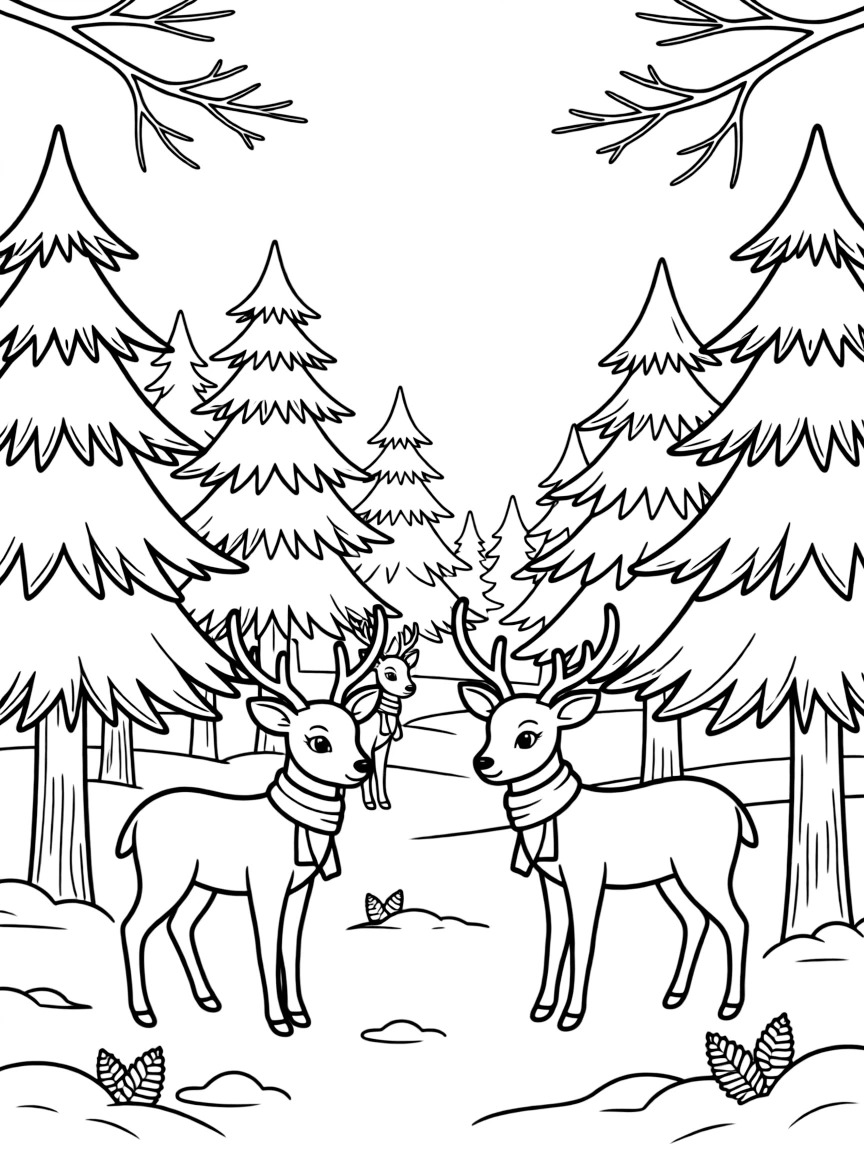 A winter forest with deer.