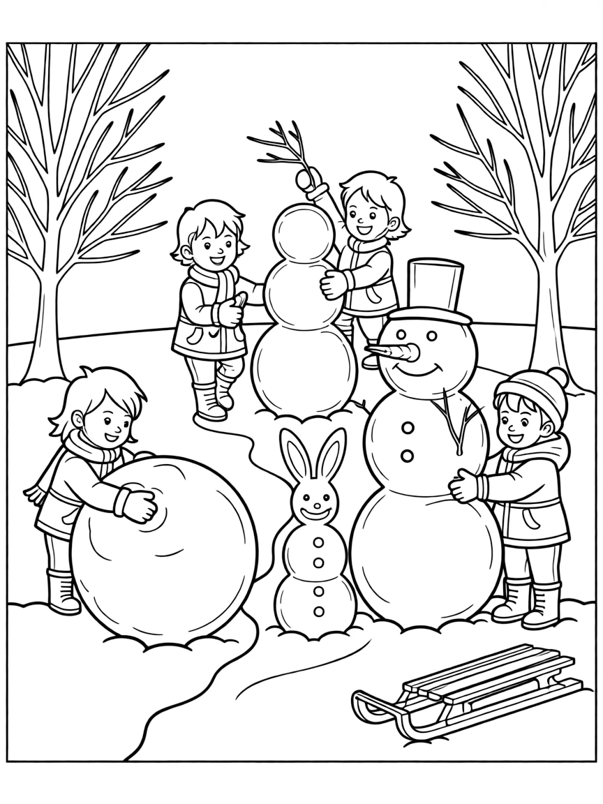 A group of children making snow sculptures.