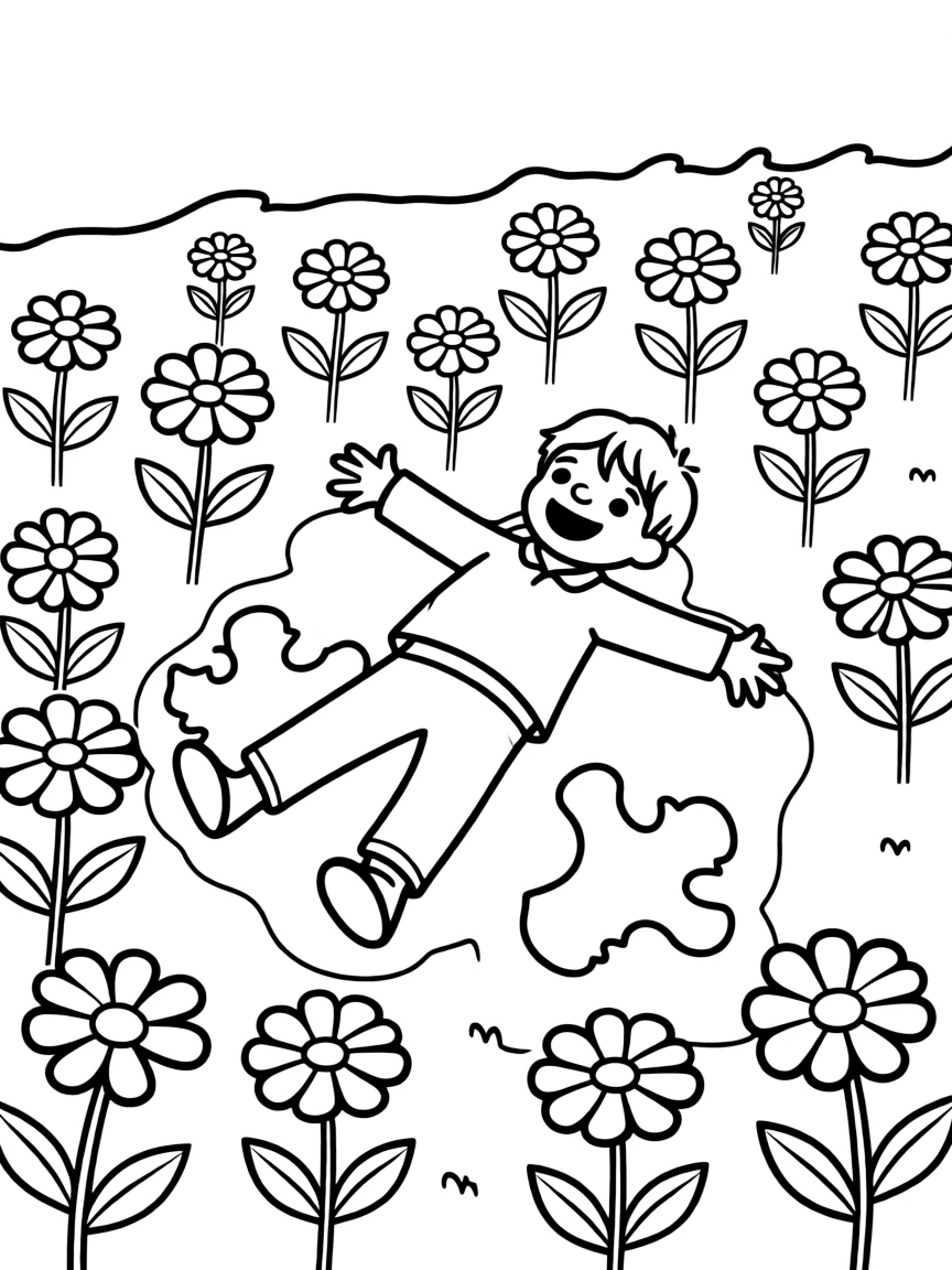 A child making snow angels in a field of flowers.