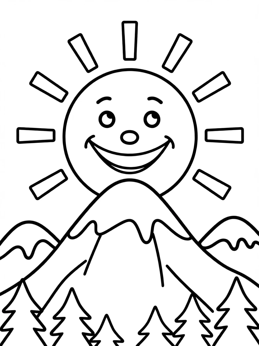 A smiling sun rising over a snowy mountain.