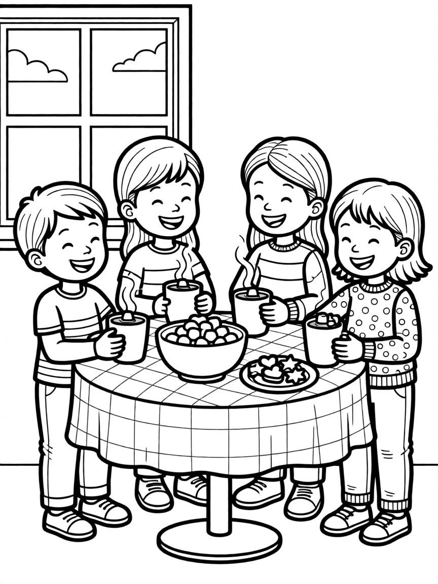 A group of children having a hot chocolate party.