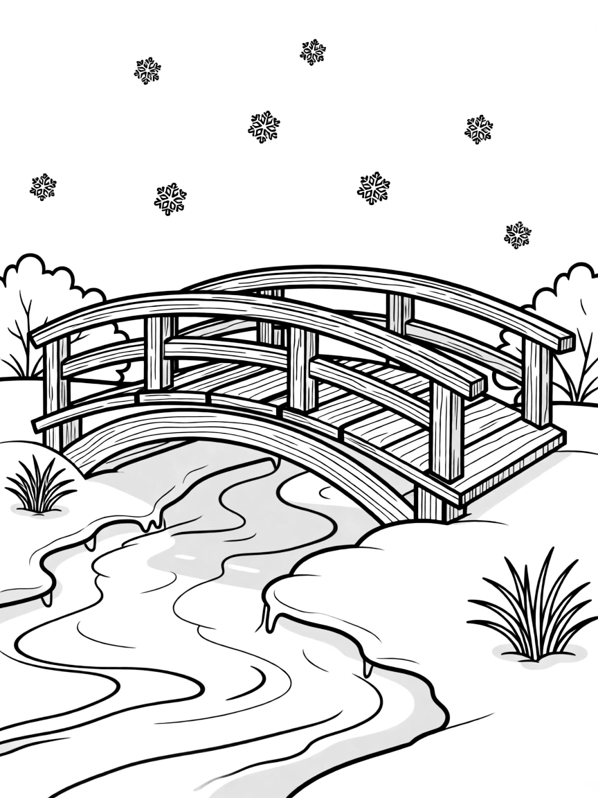 A winter bridge over a frozen stream.