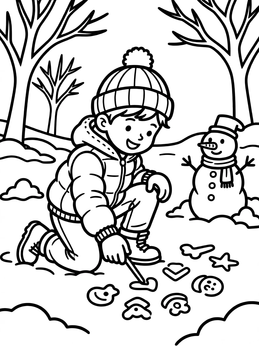 A child drawing in the snow.