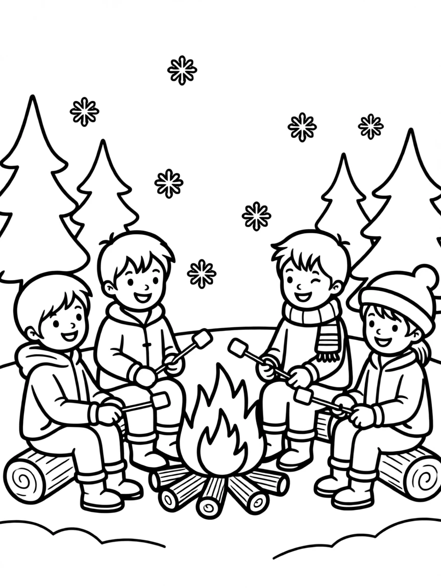 A group of children having a winter campfire.