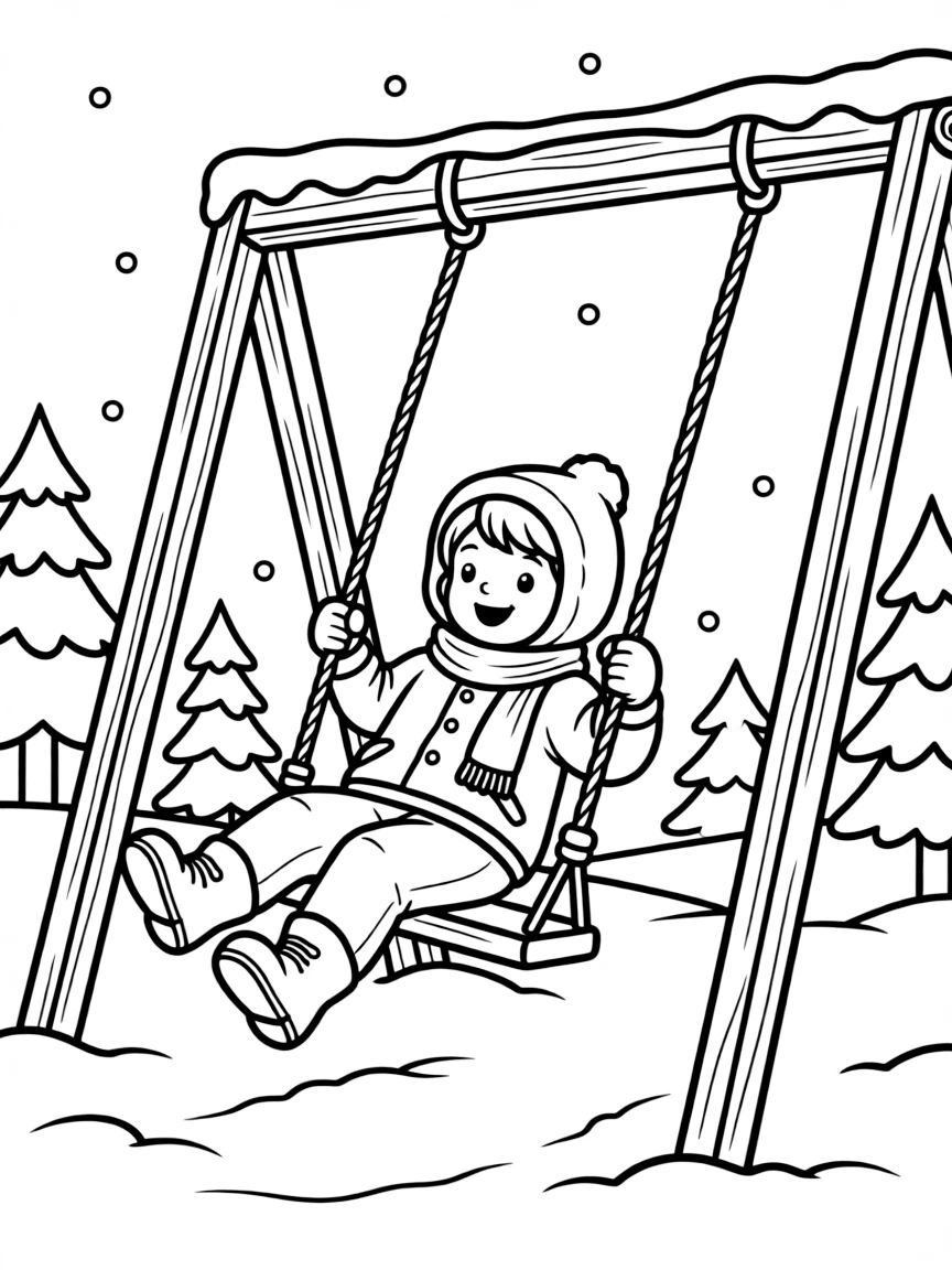 A child swinging on a swing set covered in snow.