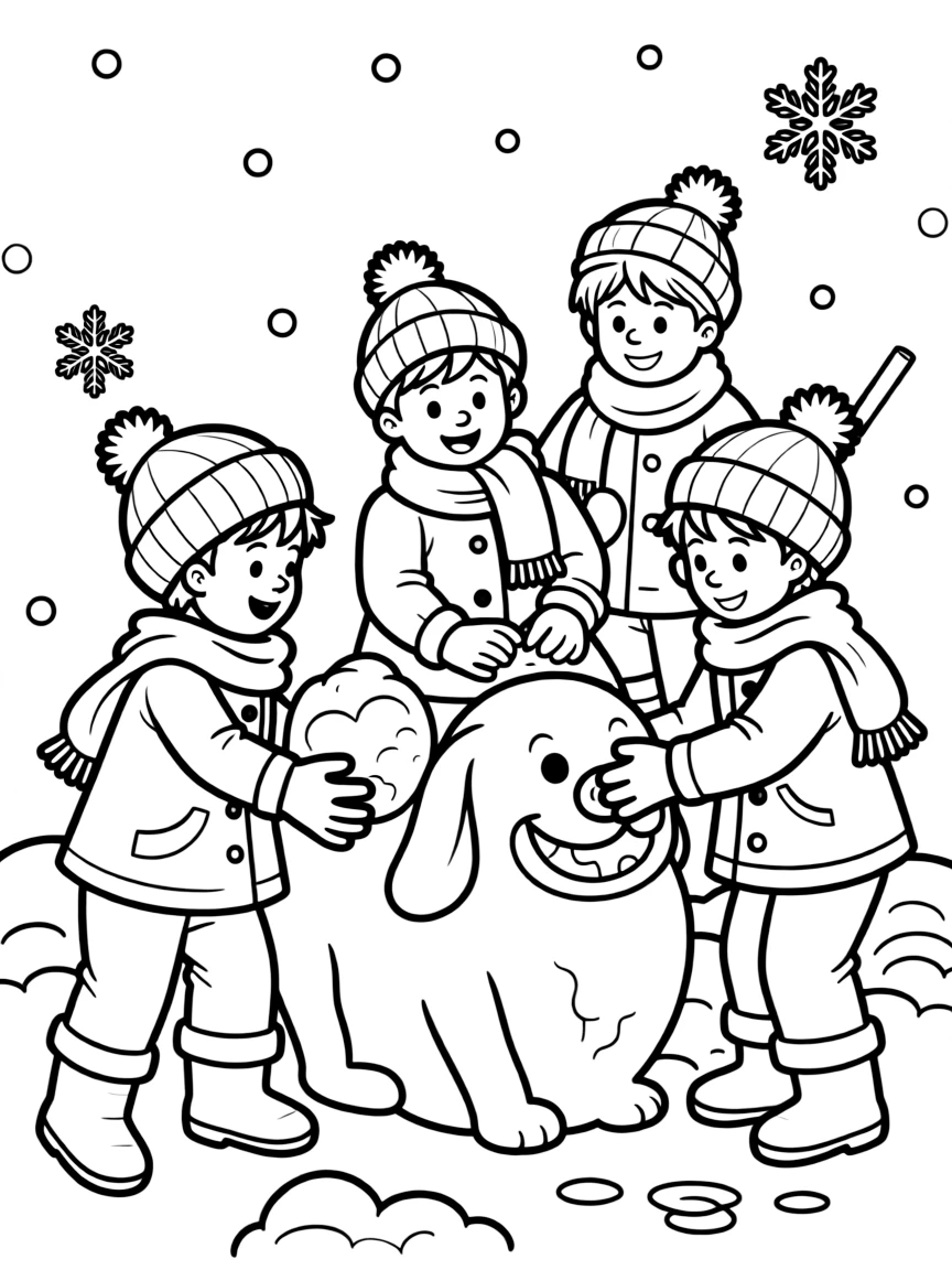 A group of happy children building a snow animal.