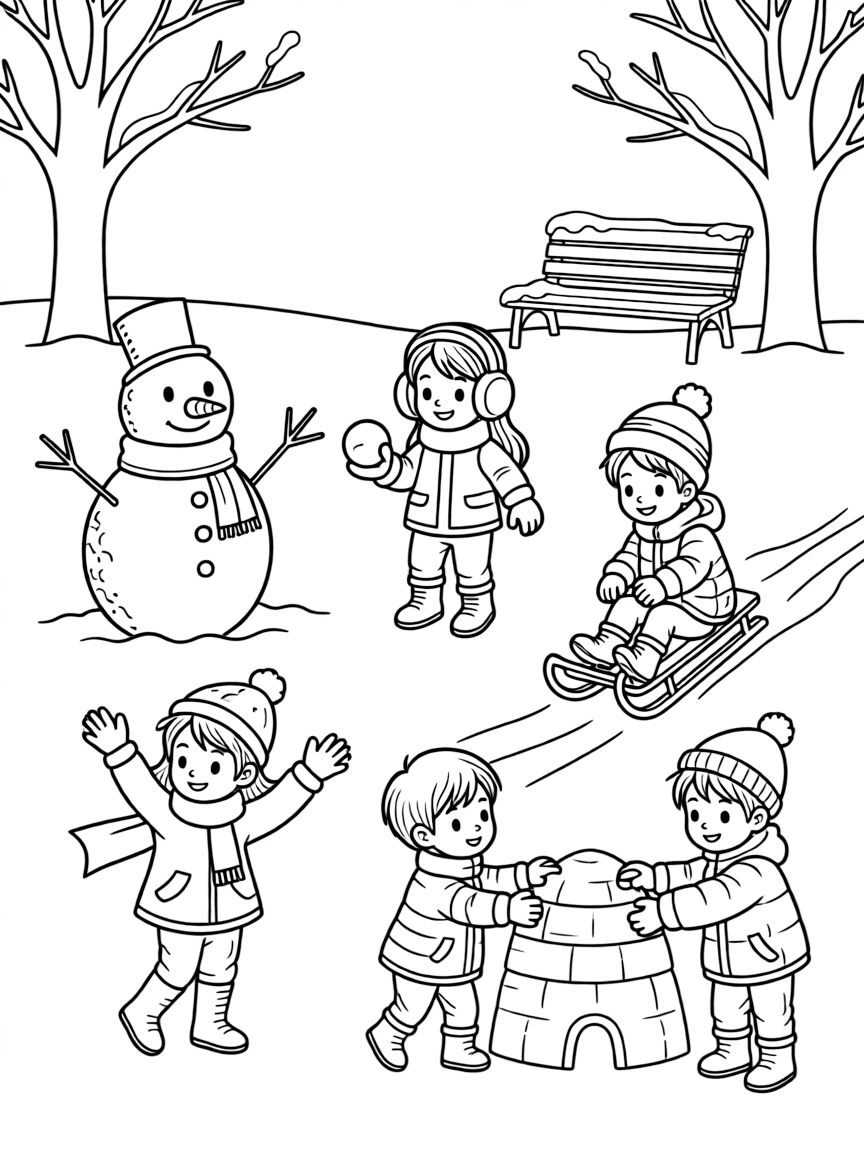 A group of children playing in a snowy park.