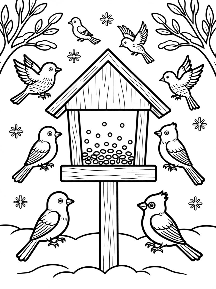 A winter bird feeder with lots of birds.