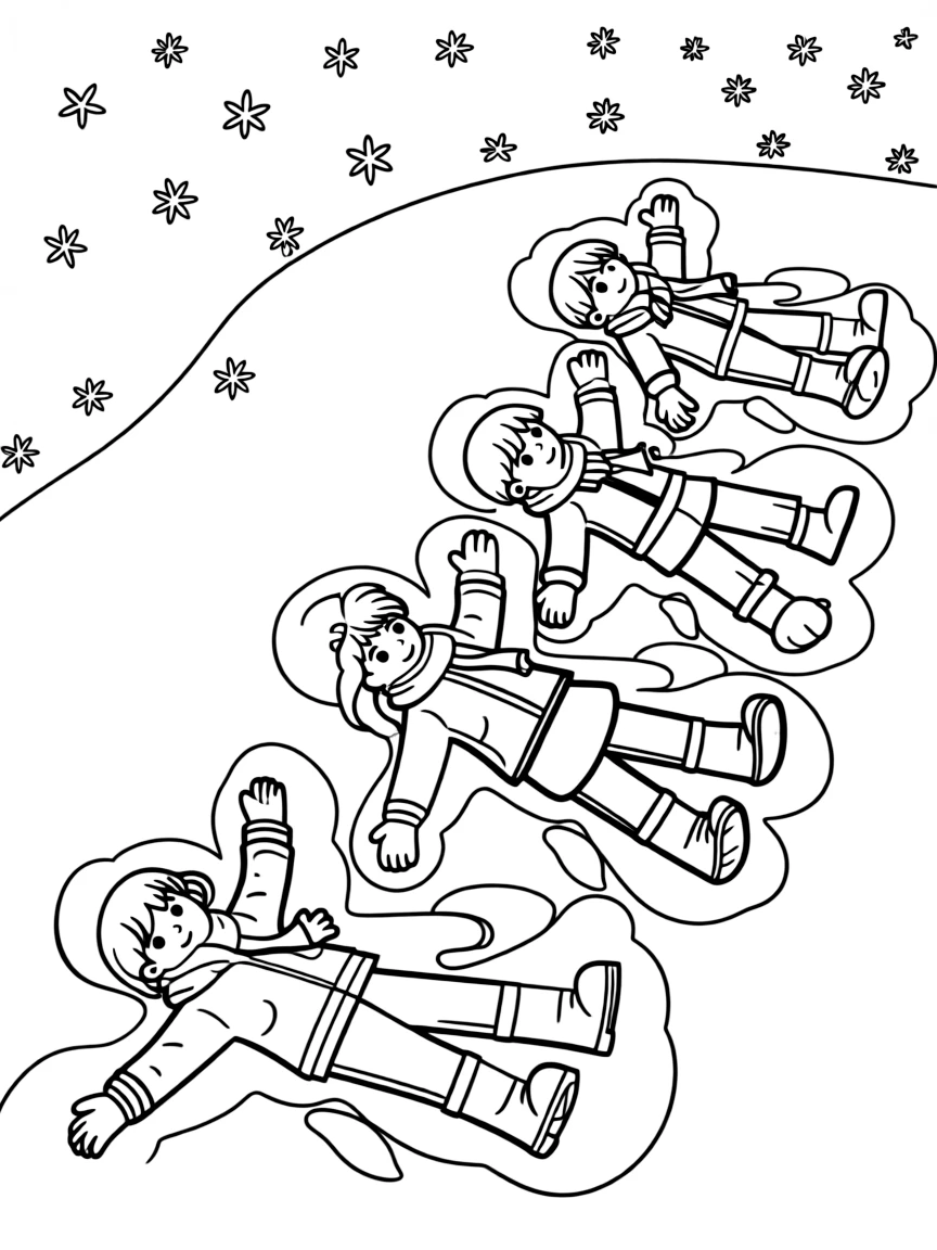 A group of children making a long train of snow angels.