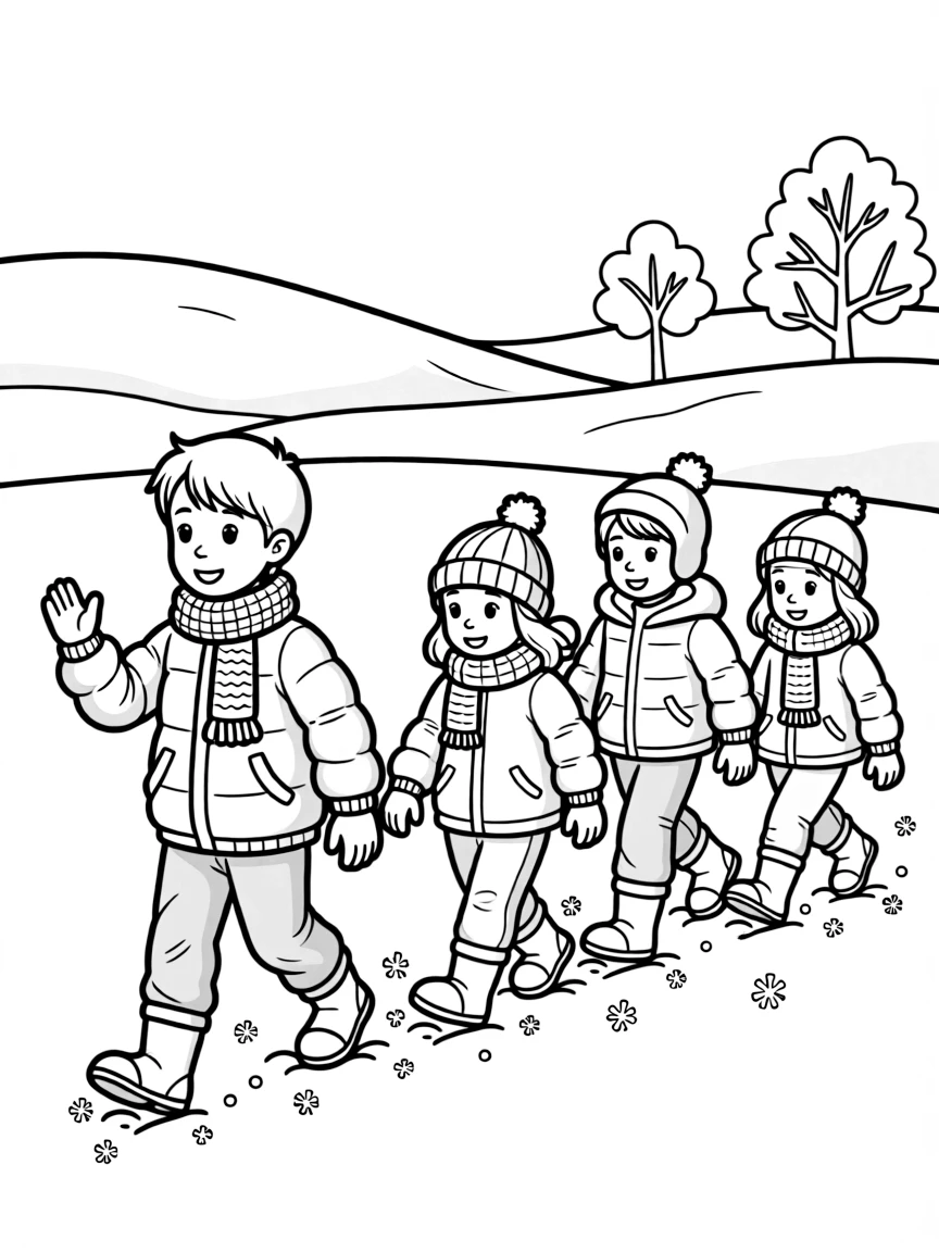A group of children playing "follow the leader" in the snow.