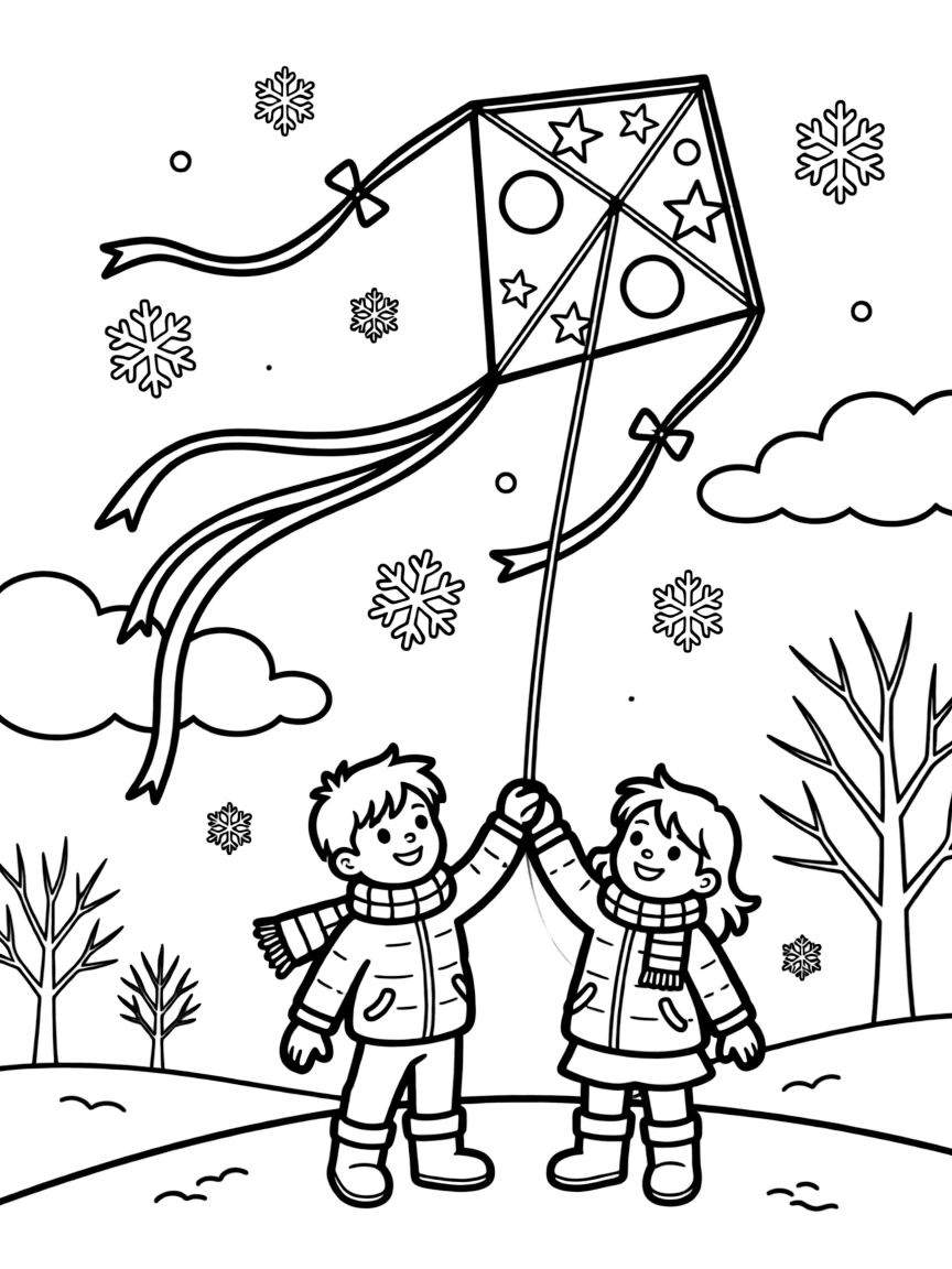 A winter-themed kite flying in the sky.