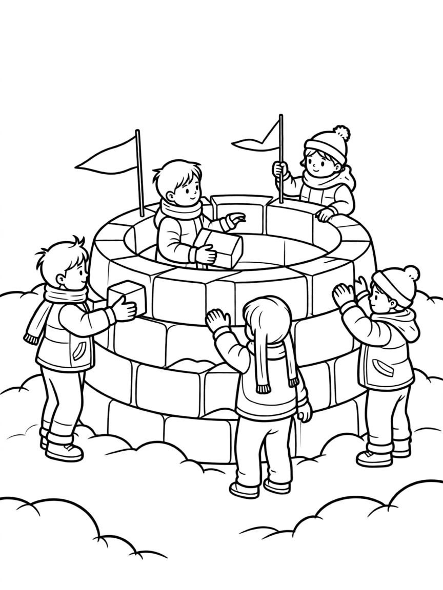 A group of children building a snow fort with flags.