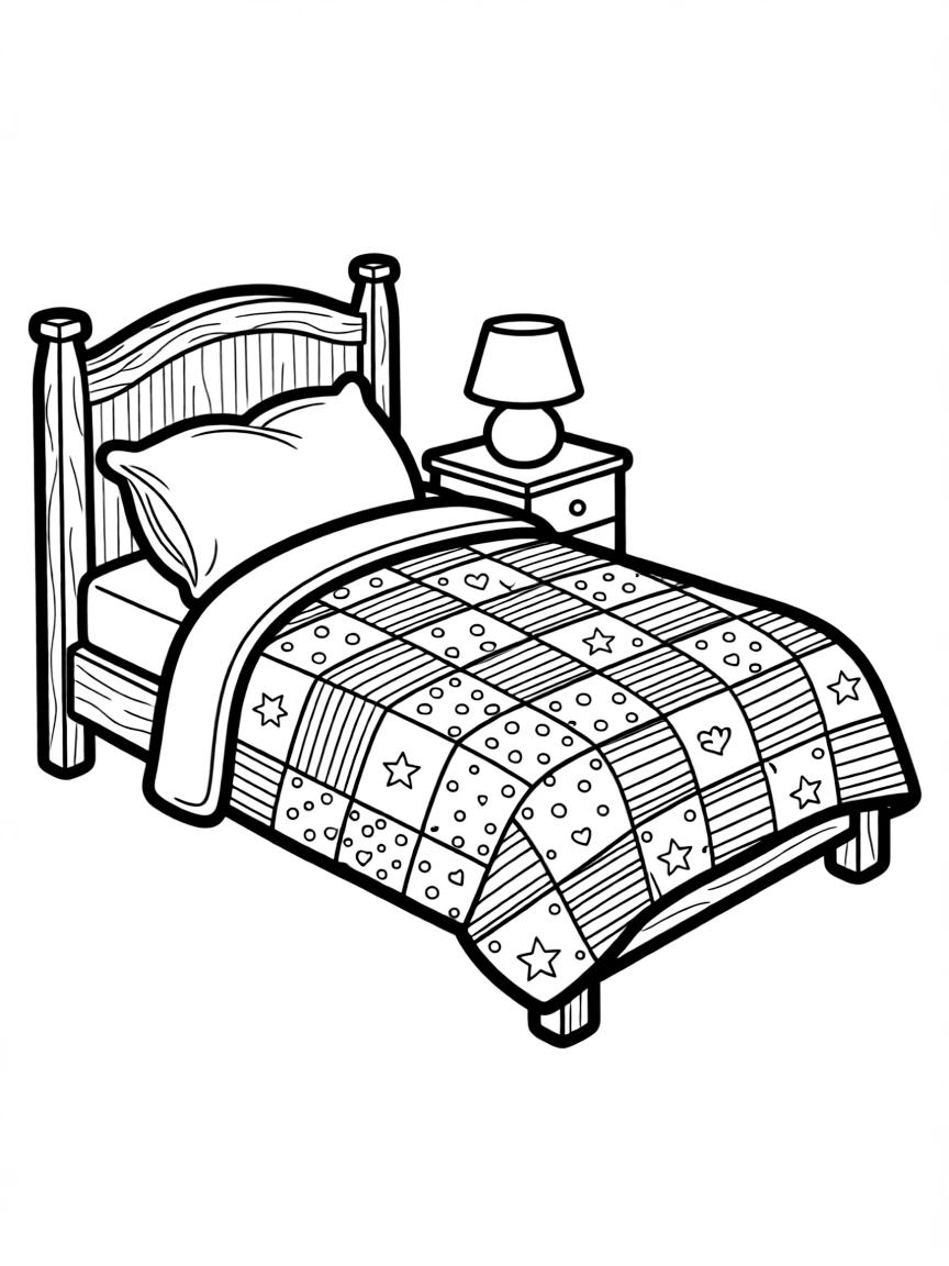 A cozy bed with a patchwork quilt.
