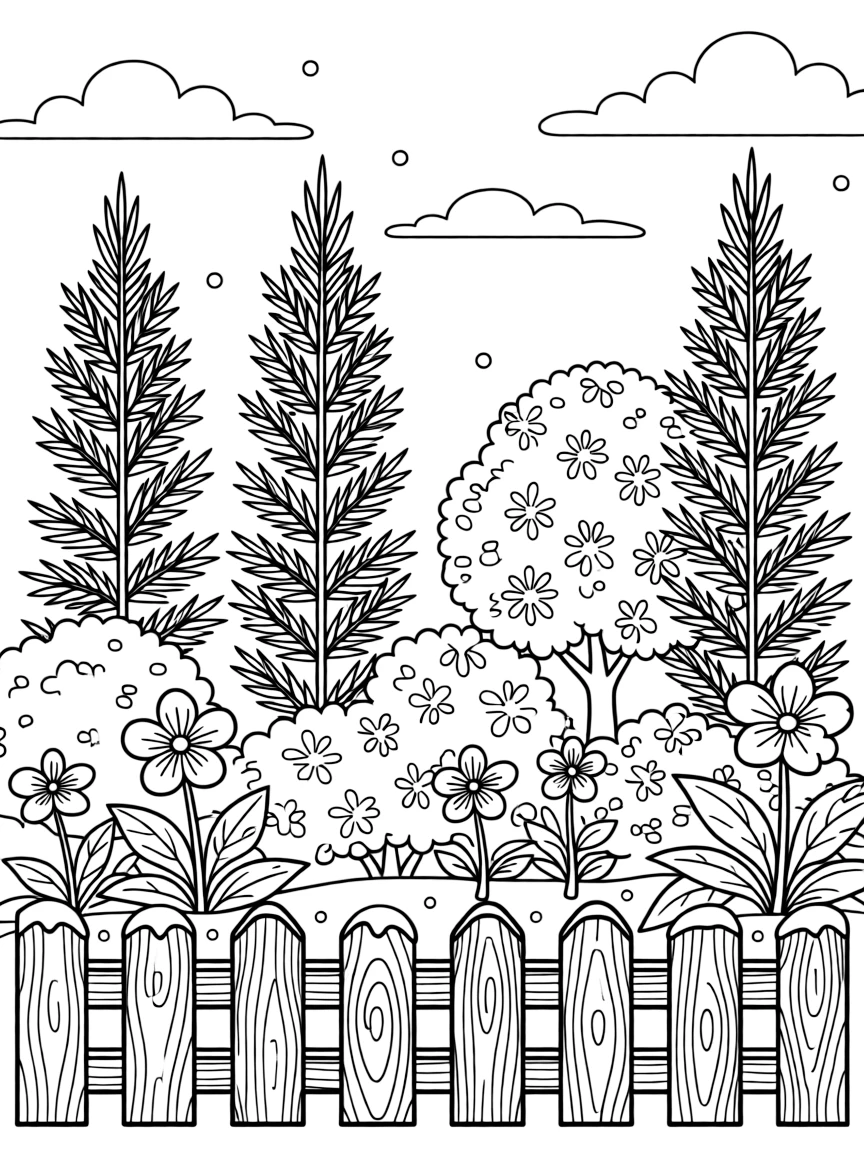 A winter garden with frosted plants.