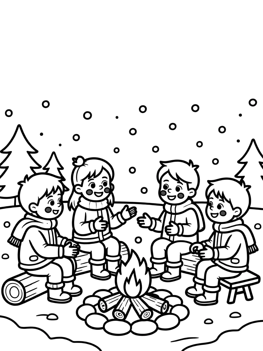 A group of children telling stories around a winter fire.