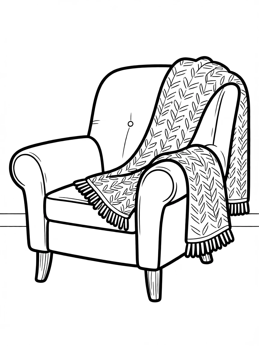 A cozy chair covered in a warm throw.
